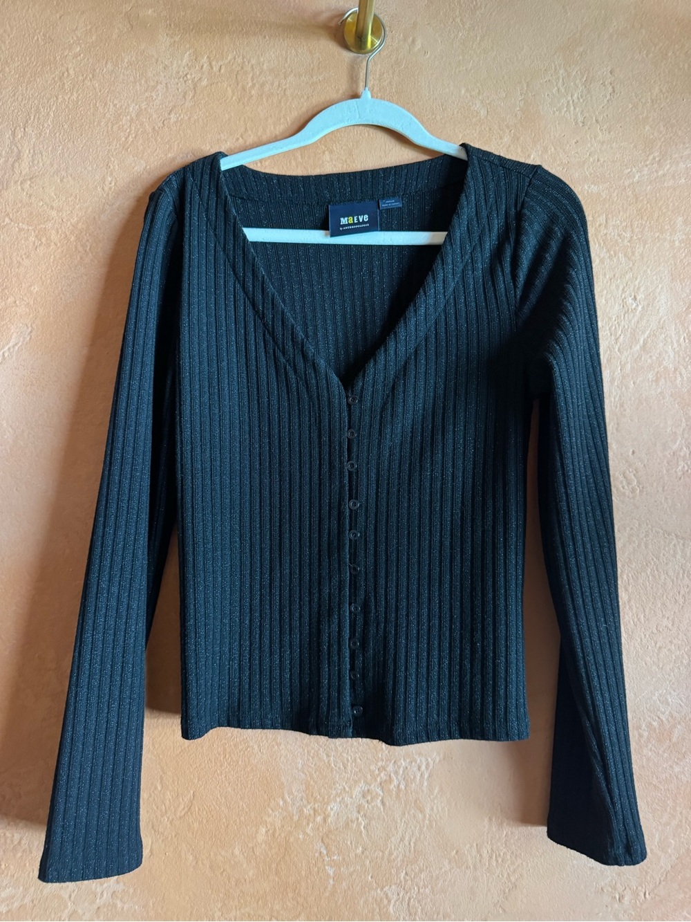 Maeve Anthropologie Black Metallic Ribbed Button Front Shirt Top M